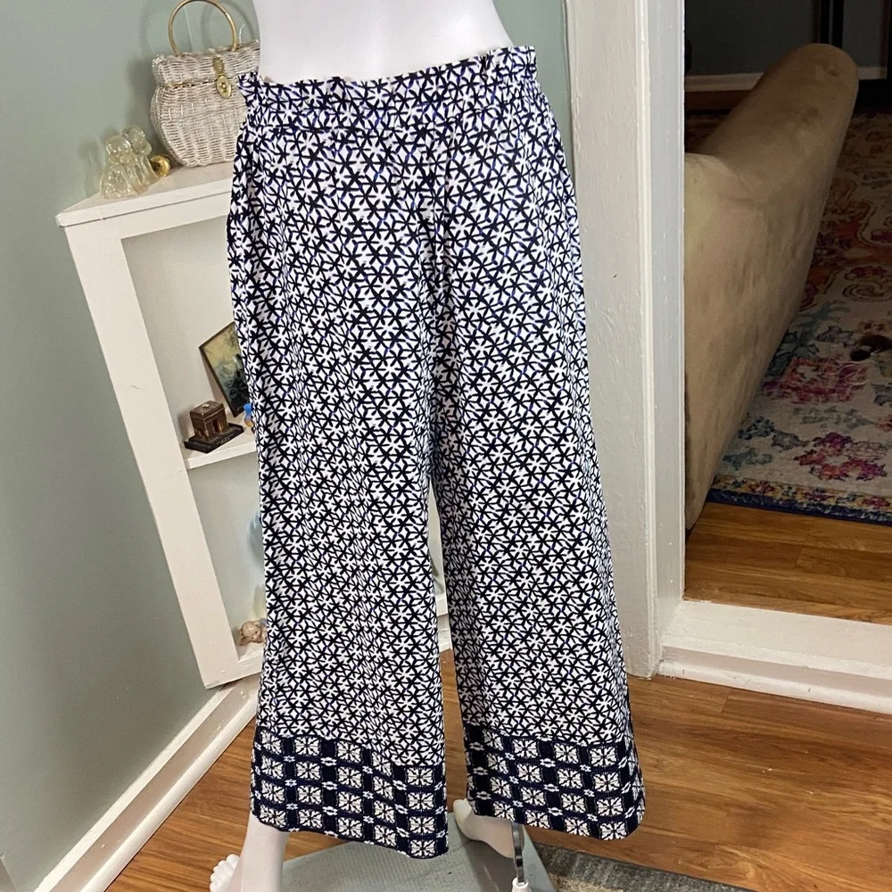 Kourt Cropped Navy blue White Floral Wide Leg Pants Geometric XL XLarge Crop - Picture 7 of 9